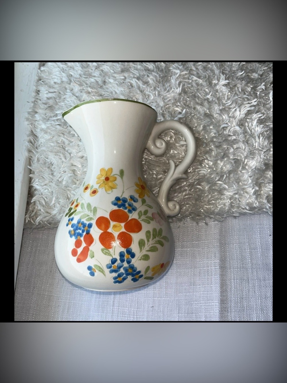 VTG FTDA Weiss-Brazil Ceramic Hand Painted Pitcher Vase Flowers Butterfly 1979